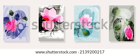 Trendy set of magnolia blossoms and abstract forms. Minimal botanical wall art. Mid century modern graphic. Plant art design for social media, blog post, print, cover, wallpaper. Vector