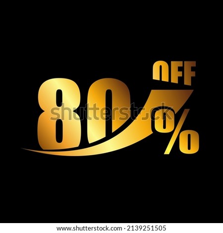 Vetor Black banner discount purchase 80% sale vector gold logo on a black background. Promotional business offer for buyers logotype. eighty percentage off
