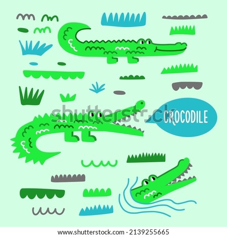 Collection of cute cartoon crocodiles in different poses and nature