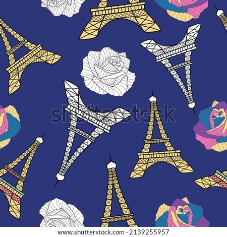 Eiffel Tower and Roses Seamless Pattern. French vector blue background. Vintage fabric design in pastel colors