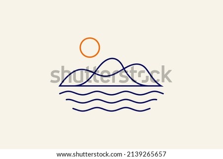 Abstract line art logo of mountains and ocean waves or lake in sunlight Royalty-Free Stock Photo #2139265657