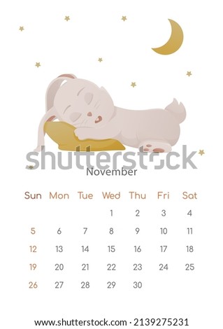 The symbol of Chinese New Year 2023 poster. Wall calendar design template for Novembe. Autumn plot with sleeping rabbit. Calendar with zodiac signs. The week starts on Sunday