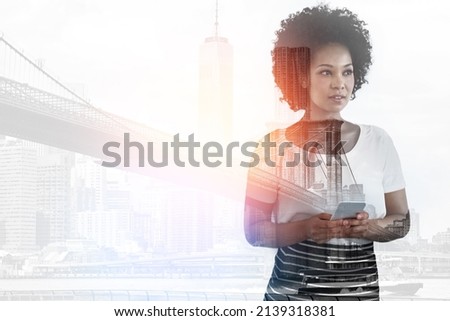 Making it big with all the right contacts. Multiple exposure shot of a young businesswoman using a smartphone superimposed over a city background. Royalty-Free Stock Photo #2139318381