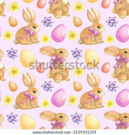 Watercolor seamless easter pattern wit bunny,eggs and flowers on violet background.For easter design,print.