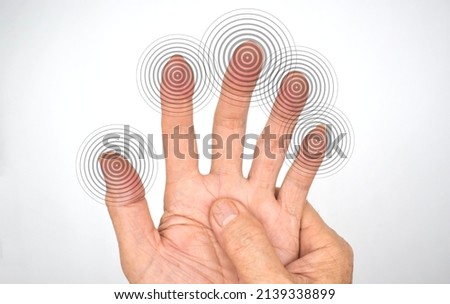 Tingling and numbness in fingertips of Asian old man with diabetes. Finger sensation problems. Hand and nerves problems. Fine touch Royalty-Free Stock Photo #2139338899