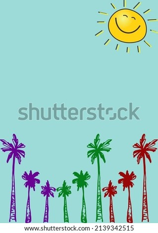 Summer banner with sun and tropical palm trees on light blue background. Summer holidays card with colored palm trees