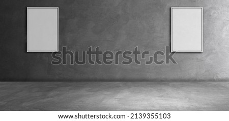 Empty white Frame mock up on Cement wall room studio Background and floor well editing display product and text present on free space Backdrop 