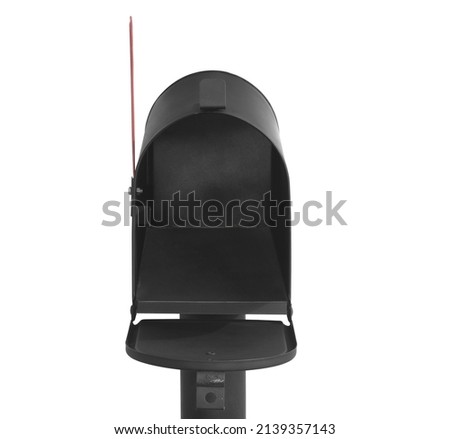 Empty mailbox isolated on white background, red flag pointing up. Clipping paths.