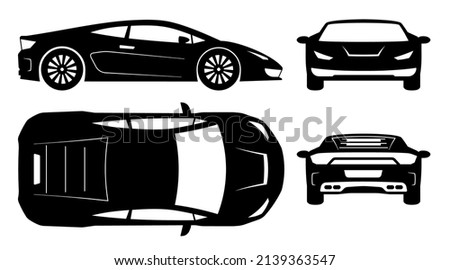Racing sports car silhouette on white background. Vehicle icons set view from side, front, back, and top Royalty-Free Stock Photo #2139363547