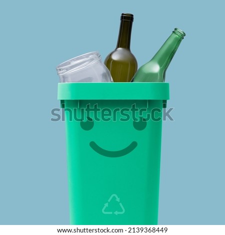 Smiling garbage can full of glass waste, recycling and separate waste collection concept