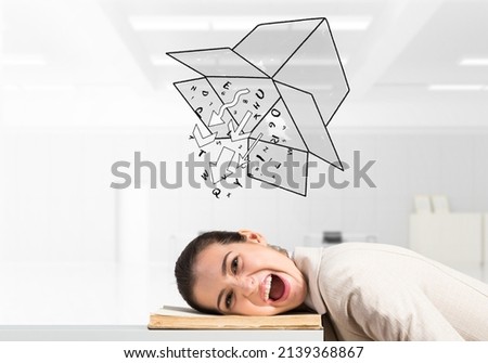 Business woman lying on desk with open mouth. Think outside the box metaphor. Young female worker in white suit dreaming. Various letters flying out from open box. Paperwork deadline and overwork.