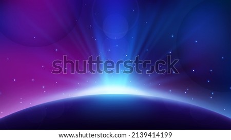 Blue Light Rising from Planet Horizon, Glowing Shine Background. Widescreen Vector Illustration Royalty-Free Stock Photo #2139414199