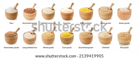 Set of different groats  in one panorama. High quality photo. Barley, pea, buckwheat, rice, flour, oatmeal, corn, wheat groat, pearl barley, millet polished, semolina. Royalty-Free Stock Photo #2139419905