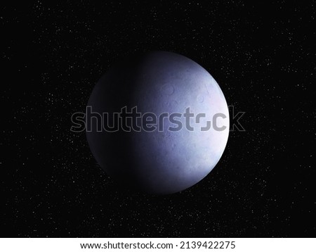 Stone planet with a solid surface on a black background with stars. Large secondary planet covered with ice.  Royalty-Free Stock Photo #2139422275