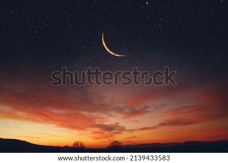Sky night stars and moon, islamic night. Royalty-Free Stock Photo #2139433583