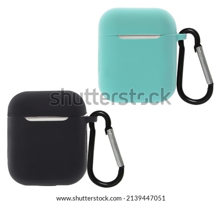 silicone case for wireless headphones with a carabiner, isolated on a white background