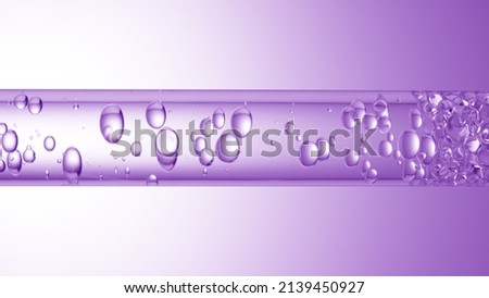 Macro shot of different sized clear bubbles flowing in glass tube with clear liquid on purple background | Abstract body care cosmetics mixing concept Royalty-Free Stock Photo #2139450927