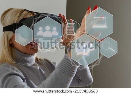 Metaverse. businessman wearing VR virtual reality headset hand touching virtual screen global link connecting diagram on dark background, networking security, digital, internet, communication concept