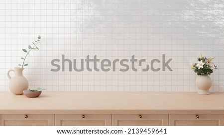 Minimal cozy counter mockup design for product presentation background. Branding in Japan style with bright wood counter and gloss tile wall with vase plant flower bowl. Kitchen interior  Royalty-Free Stock Photo #2139459641