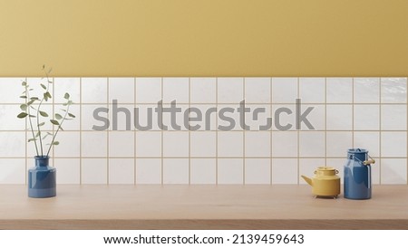 Minimal cozy counter mockup design for product presentation background. Branding in Japan style with bright wood counter and white tile yellow. wall with vase plant pot. Kitchen interior 3D render. Royalty-Free Stock Photo #2139459643