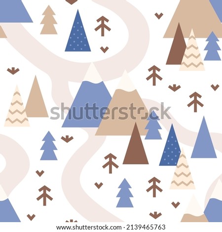 Scandinavian style map seamless pattern. Nursery nature illustration, mountains and forest.