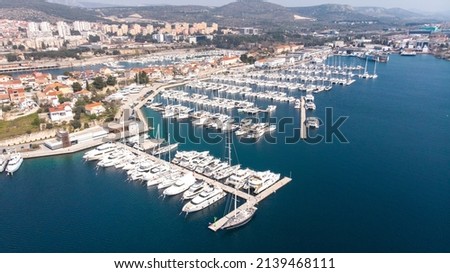 Aerial photography of beautiful D-Marin Marina Mandalina in Sibenik, main marina in the town. Modern port for sailing yachts, catamarans and motor yachts Royalty-Free Stock Photo #2139468111