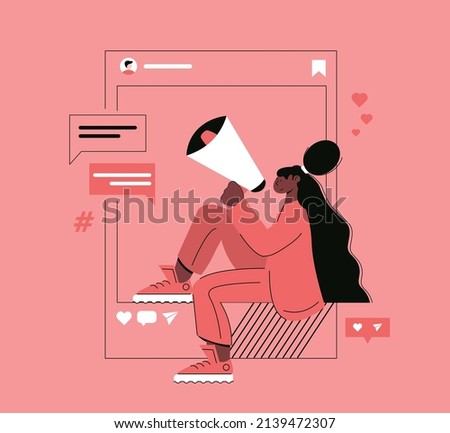 Business, promotion, advertising, social media, marketing concept. Influencer woman in the social profile frame. Girl shouting at megaphone sharing referral business partnership vector illustration. Royalty-Free Stock Photo #2139472307