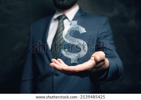 virtual dollar icon from web. man holding in his hand