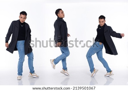 Collage Full length Figure of 20s Asian University student man black hair shirt jean pants and sneaker shoes. Male step dance, spin turn side and express feeling happy fun, white Background isolated