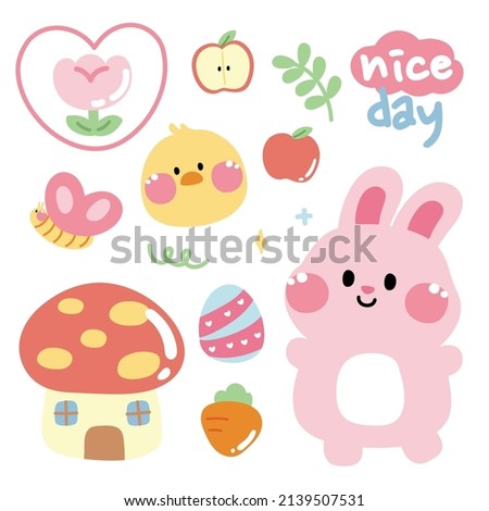 Set of cute rabbit and chicken face cartoon.Easter day.Spring.Flower,leaf,carrot,butterfly,apple hand drawn.Kawaii.Vector.Illustration.