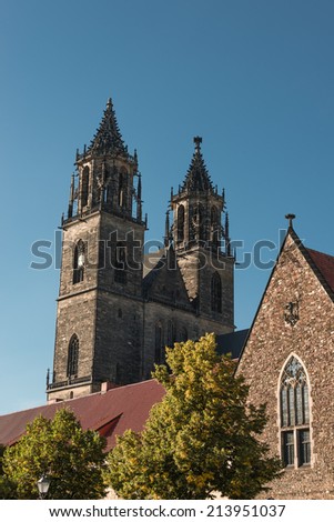 Cathedral of Magdeburg at river Elbe, Germany, summer 2014