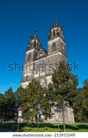 Cathedral of Magdeburg at river Elbe, Germany, summer 2014