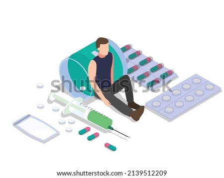 Drugs addiction vector concept. Drugs addict man looks depressed while sitting with drugs at the home Royalty-Free Stock Photo #2139512209