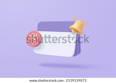 3D reminder in calendar on purple background. notifications page with floating elements. 3d alert for business planning ,events, reminder in calendar background. 3d vector bell render on calendar Royalty-Free Stock Photo #2139539073