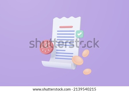 3D vector bill with clock alarm for payment transaction, check, money coin. 3d invoice bill on budget concept. budget 3d vector render paper receipt for shopping in store isolate purple background Royalty-Free Stock Photo #2139540215
