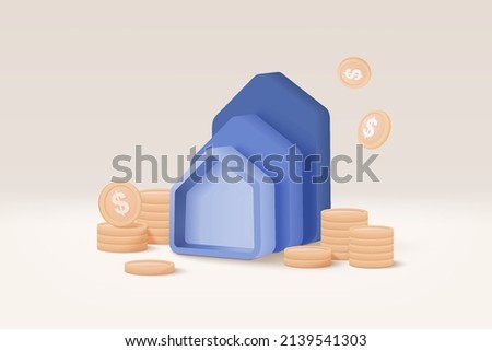 3D vector real estate and coin stack on loan background. money saving to loan house mortgage, 3d property concept of financial, money investment. 3d house for loan and a tiny house bank on background