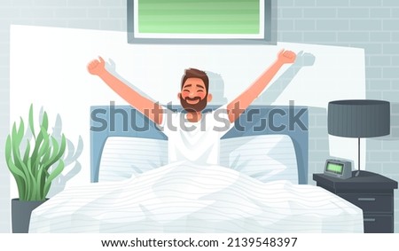 Happy man woke up and stretches in bed. Good morning. Awakening. Wake up. Vector illustration in cartoon style Royalty-Free Stock Photo #2139548397