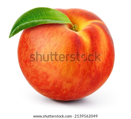Peach isolated. Peach with leaf on white background with clipping path. Full depth of field.