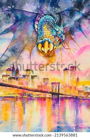 Dragon, fantasy animal flying over city. Hand painted illustration made with watercolors.