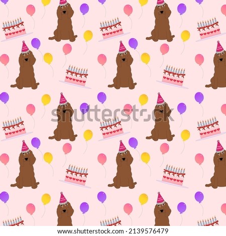 A birthday pattern with spaniel dogs, cakes and balloons, children illustration, jpeg