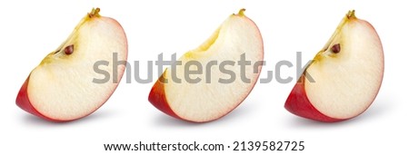 Red apple slice isolated. Set of cut apples on white background. Red appl piece with clipping path. Full depth of field. Perfect not AI apple, true photo. Royalty-Free Stock Photo #2139582725