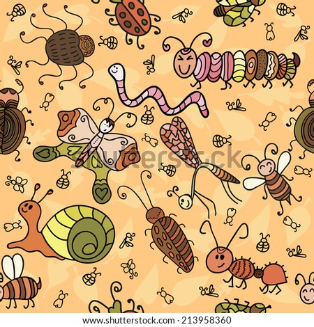 Cartoon seamless pattern with cute insects and leaf. Vector illustration