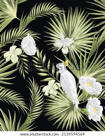 Vintage vector seamless pattern. Tropic illustration with parrot and palm leaves. Wallpaper cover. 