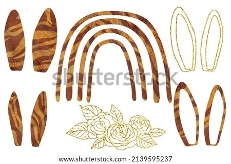 Modern Easter elements with tiger skin print. Glitter clip art kit