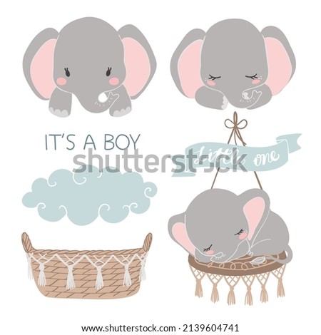 Baby elephant with cloud and basket on white background. Vector illustration of cute sleeping little elephant. Baby shower, little one, it is a boy card.
