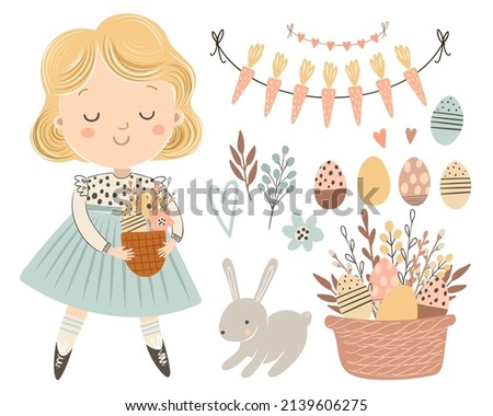 Easter set with cute little girl, Easter eggs, bunny, garland and basket with flowers. Spring hand drawn vector illustration.
