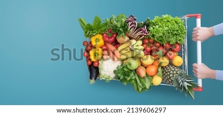 Woman pushing a shopping cart full of fresh delicious vegetables and fruits, grocery shopping concept, blank copy space Royalty-Free Stock Photo #2139606297