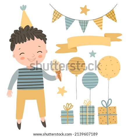 Cute boy with birthday elements on white background. Balloons, gift box, stars and birthday garland. Birthday party hand drawn vector illustration.