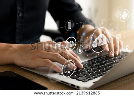Cloud Computer technology and storage online for computer business network ideas connected to Internet server services for cloud transfer shown in the future Network of Data. Royalty-Free Stock Photo #2139612885