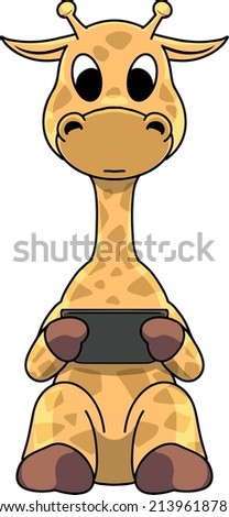 vector illustration of a cute giraffe playing a tablet